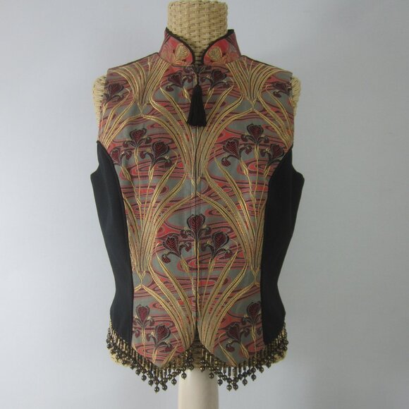 Vtg TAPP New York Womens M Black Gold Red Asian Iris Floral Zip Vest Lace Beaded - Picture 11 of 13